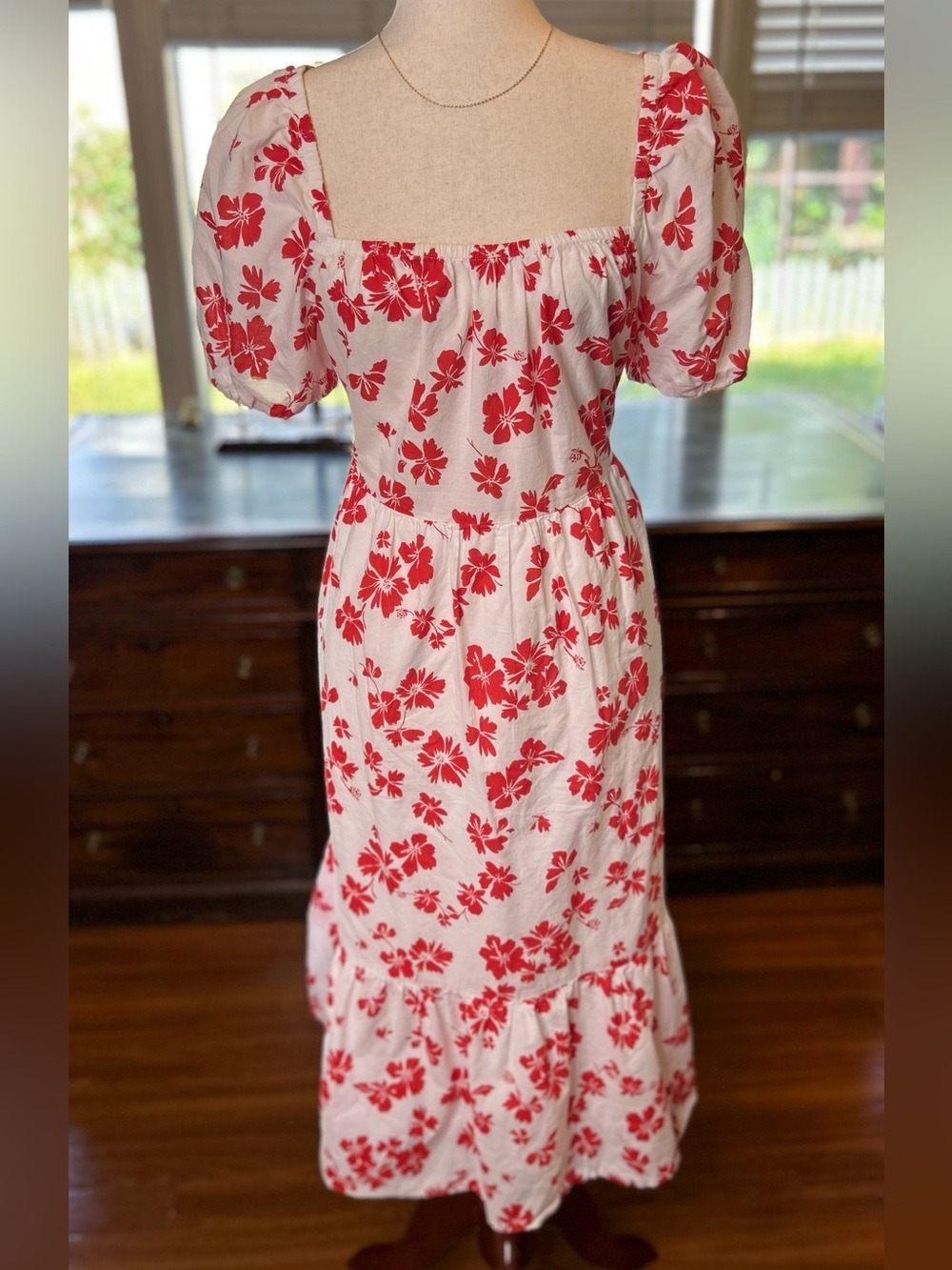 Red Floral Puff Sleeve Midi Dress White Cotton Cottagecore Feminine Chic | 12 - Picture 2 of 8